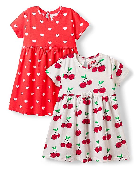 Babyhug Single Jersey Knit Half Sleeves Frocks With Bow & Tropical Theme Pack Of 2 - Red & White