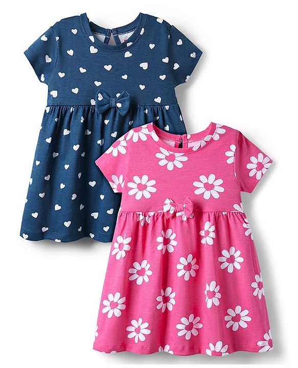 Babyhug Single Jersey Knit Half Sleeves Floral & Heart Printed Frocks With Bow Applique Pack of 2 - Pink & Navy Blue