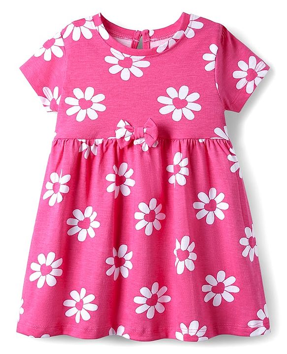 Babyhug Single Jersey Knit Half Sleeves Floral & Heart Printed Frocks With Bow Applique Pack of 2 - Pink & Navy Blue