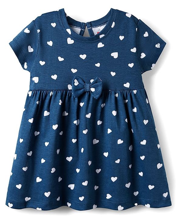Babyhug Single Jersey Knit Half Sleeves Floral & Heart Printed Frocks With Bow Applique Pack of 2 - Pink & Navy Blue