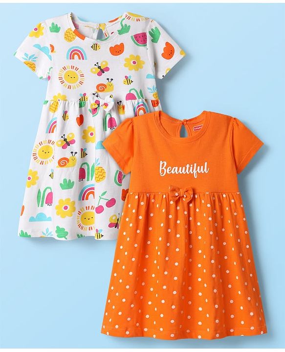 Babyhug Single Jersey Knit Half Sleeves Frocks with Butterfly & Polka Dots Print Pack of 2 - Orange & White