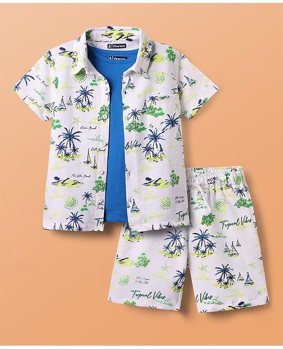 Pine Kids Single Jersey Knit Half Sleeves Shirt & Shorts Co-Ord Set With Inner Tee & Tree Print - White & Blue