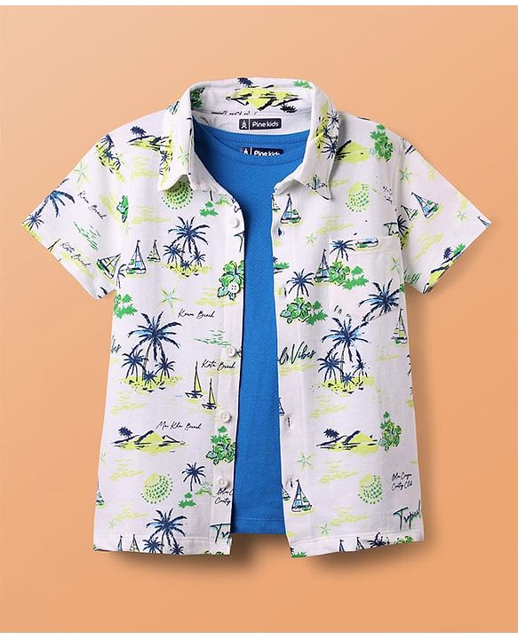 Pine Kids Single Jersey Knit Half Sleeves Shirt & Shorts Co-Ord Set With Inner Tee & Tree Print - White & Blue