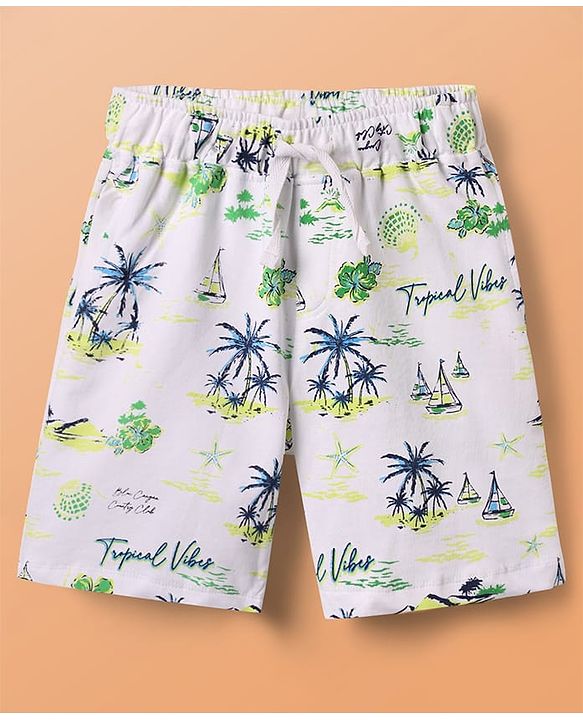Pine Kids Single Jersey Knit Half Sleeves Shirt & Shorts Co-Ord Set With Inner Tee & Tree Print - White & Blue