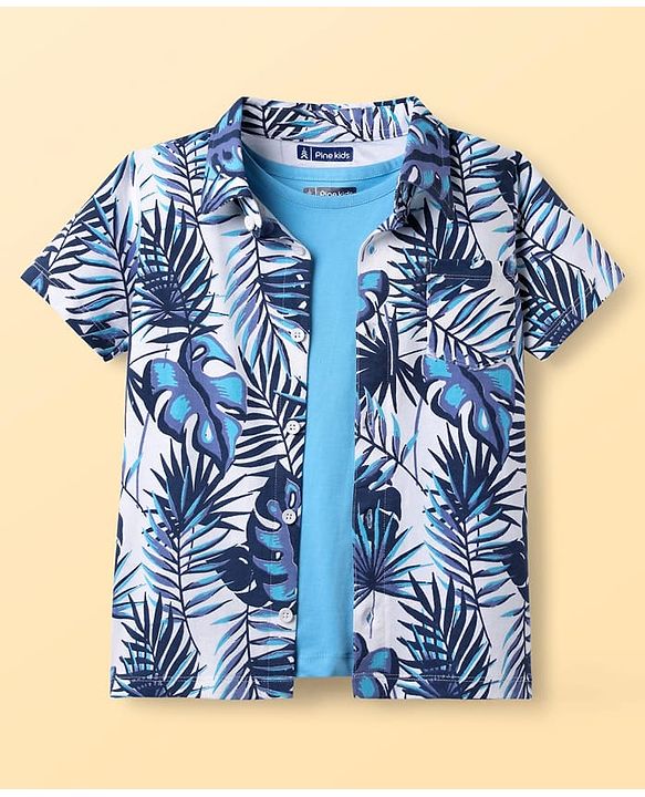 Pine Kids Single Jersey Knit Half Sleeves Shirt & Shorts Co-Ord Set With Inner Tee & Leaf Print - White & Blue
