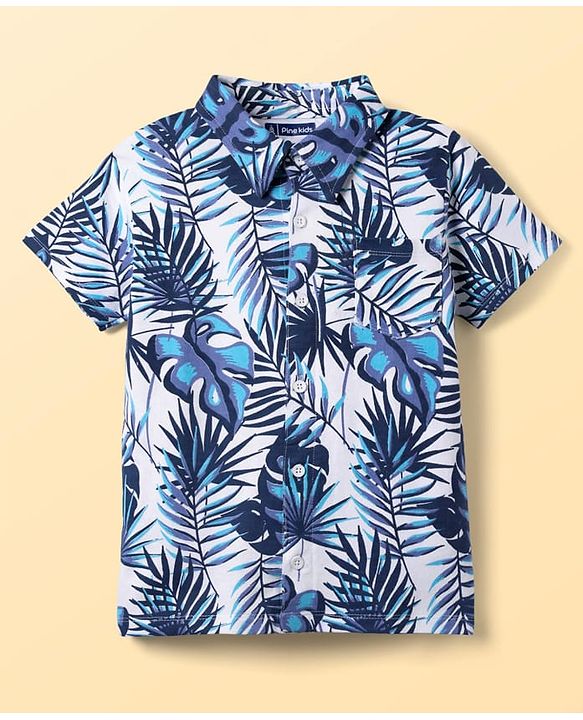 Pine Kids Single Jersey Knit Half Sleeves Shirt & Shorts Co-Ord Set With Inner Tee & Leaf Print - White & Blue