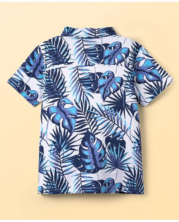 Pine Kids Single Jersey Knit Half Sleeves Shirt & Shorts Co-Ord Set With Inner Tee & Leaf Print - White & Blue