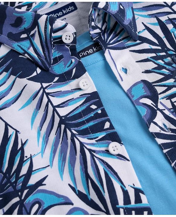 Pine Kids Single Jersey Knit Half Sleeves Shirt & Shorts Co-Ord Set With Inner Tee & Leaf Print - White & Blue