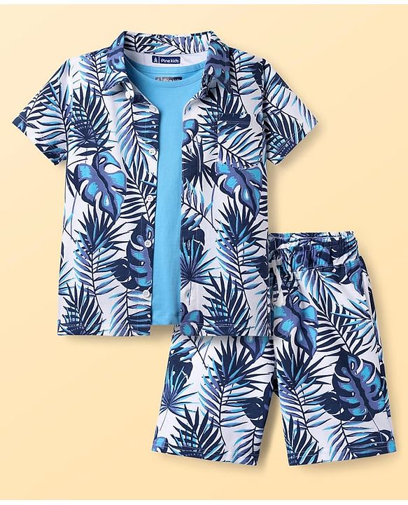 Pine Kids Single Jersey Knit Half Sleeves Shirt & Shorts Co-Ord Set With Inner Tee & Leaf Print - White & Blue