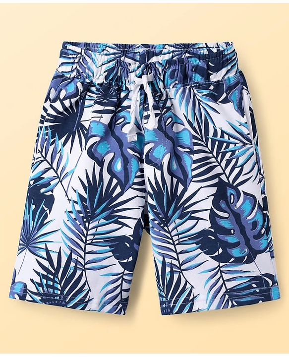 Pine Kids Single Jersey Knit Half Sleeves Shirt & Shorts Co-Ord Set With Inner Tee & Leaf Print - White & Blue