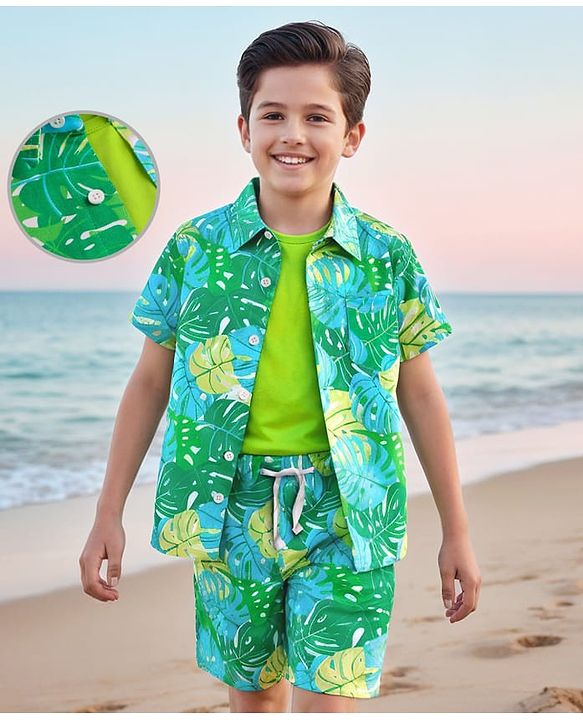 Pine Kids Single Jersey Knit Half Sleeves Shirt & Shorts Co-Ord Set With Inner Tee & Leaf Print - Green