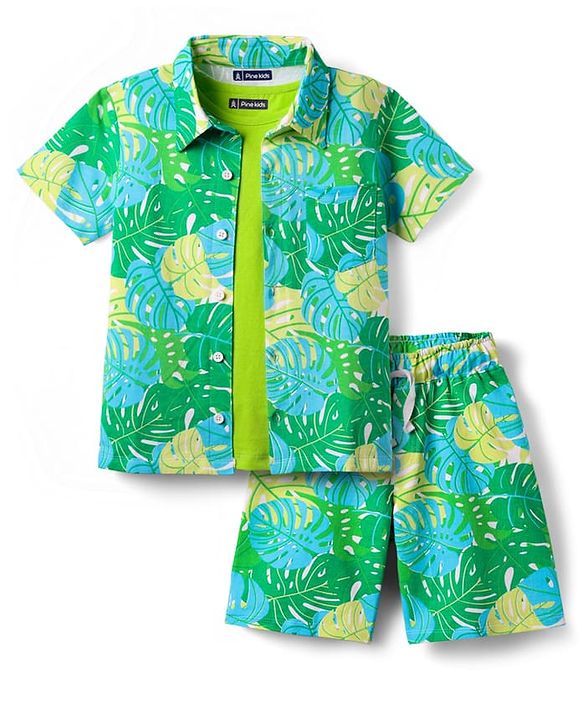Pine Kids Single Jersey Knit Half Sleeves Shirt & Shorts Co-Ord Set With Inner Tee & Leaf Print - Green