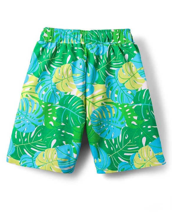 Pine Kids Single Jersey Knit Half Sleeves Shirt & Shorts Co-Ord Set With Inner Tee & Leaf Print - Green