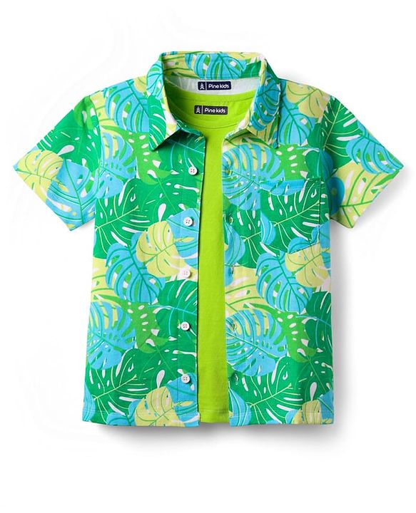 Pine Kids Single Jersey Knit Half Sleeves Shirt & Shorts Co-Ord Set With Inner Tee & Leaf Print - Green