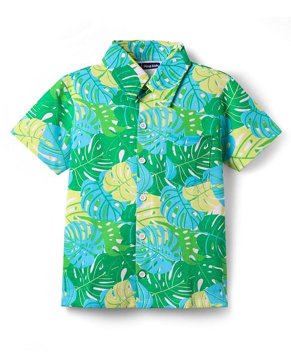 Pine Kids Single Jersey Knit Half Sleeves Shirt & Shorts Co-Ord Set With Inner Tee & Leaf Print - Green
