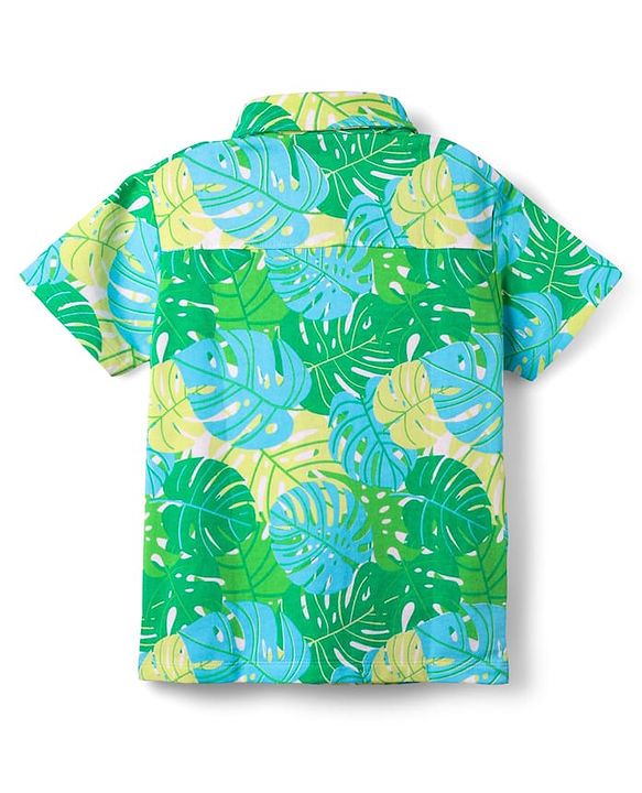 Pine Kids Single Jersey Knit Half Sleeves Shirt & Shorts Co-Ord Set With Inner Tee & Leaf Print - Green