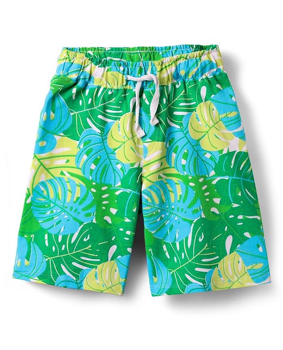 Pine Kids Single Jersey Knit Half Sleeves Shirt & Shorts Co-Ord Set With Inner Tee & Leaf Print - Green