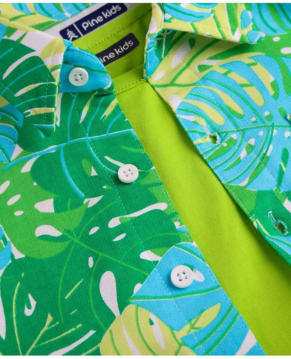 Pine Kids Single Jersey Knit Half Sleeves Shirt & Shorts Co-Ord Set With Inner Tee & Leaf Print - Green