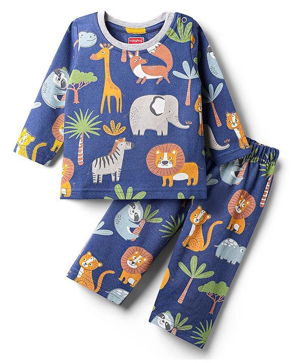 Babyhug Single Jersey Knit Full Sleeves T-Shirt & Lounge Pant Co-Ord Set With Animal Print - Navy Blue