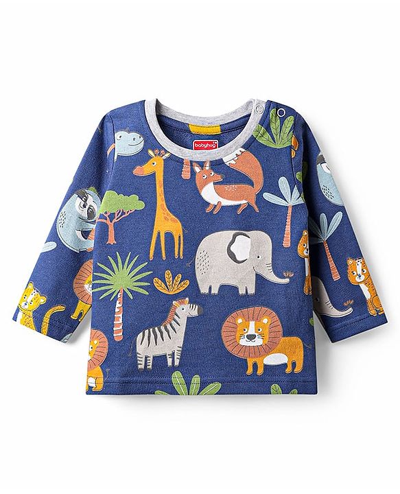 Babyhug Single Jersey Knit Full Sleeves T-Shirt & Lounge Pant Co-Ord Set With Animal Print - Navy Blue