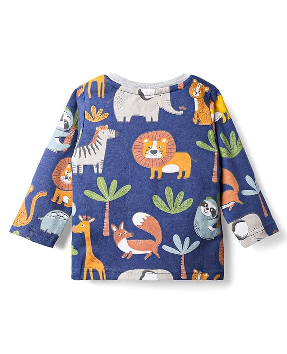 Babyhug Single Jersey Knit Full Sleeves T-Shirt & Lounge Pant Co-Ord Set With Animal Print - Navy Blue