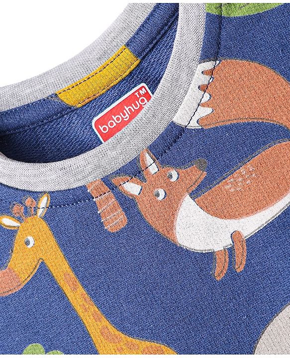 Babyhug Single Jersey Knit Full Sleeves T-Shirt & Lounge Pant Co-Ord Set With Animal Print - Navy Blue