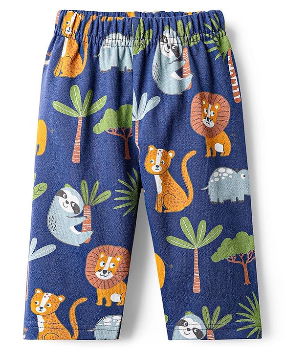 Babyhug Single Jersey Knit Full Sleeves T-Shirt & Lounge Pant Co-Ord Set With Animal Print - Navy Blue
