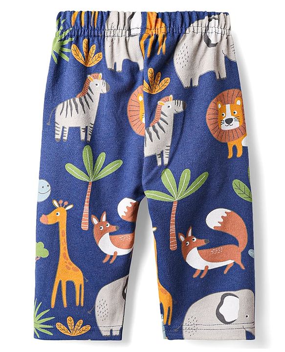 Babyhug Single Jersey Knit Full Sleeves T-Shirt & Lounge Pant Co-Ord Set With Animal Print - Navy Blue