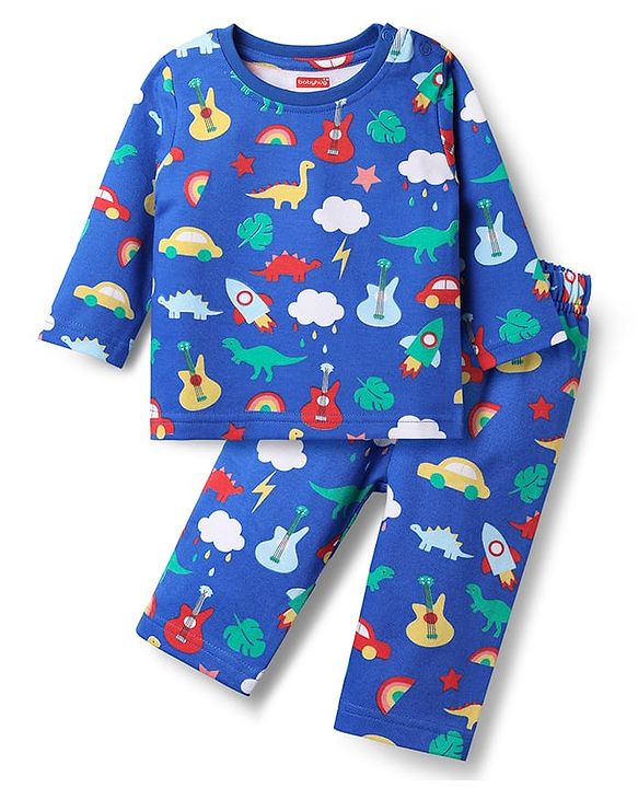 Babyhug Single Jersey Knit Full Sleeves Co-ords T-Shirt & Lounge Pant Set with Tropical Theme Print - Blue