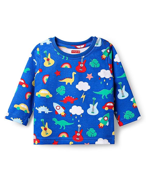 Babyhug Single Jersey Knit Full Sleeves Co-ords T-Shirt & Lounge Pant Set with Tropical Theme Print - Blue