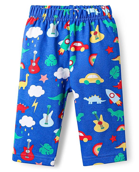 Babyhug Single Jersey Knit Full Sleeves Co-ords T-Shirt & Lounge Pant Set with Tropical Theme Print - Blue