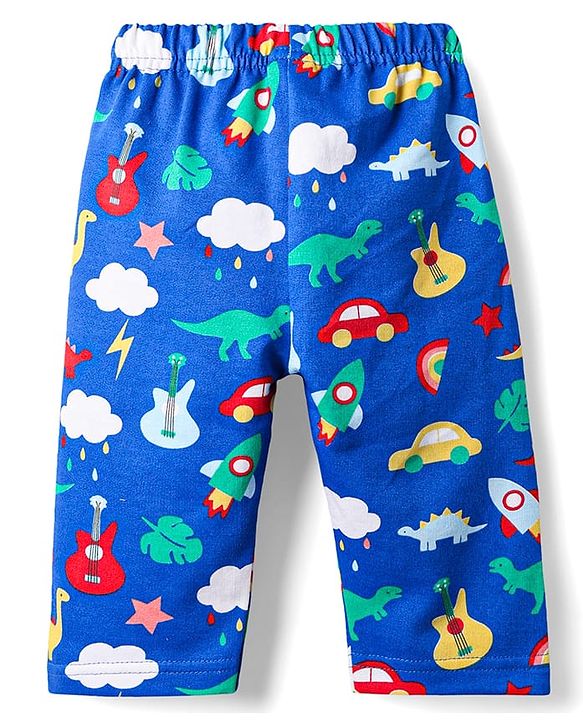Babyhug Single Jersey Knit Full Sleeves Co-ords T-Shirt & Lounge Pant Set with Tropical Theme Print - Blue