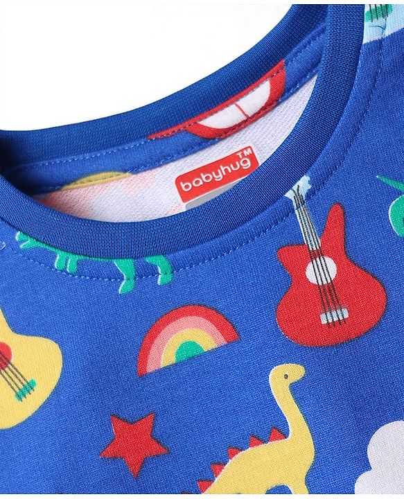 Babyhug Single Jersey Knit Full Sleeves Co-ords T-Shirt & Lounge Pant Set with Tropical Theme Print - Blue