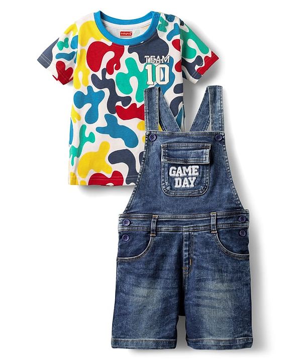 Babyhug Single Jersey Knit Half Sleeves Abstract Printed T-Shirt With Dungaree Set - Multicolour
