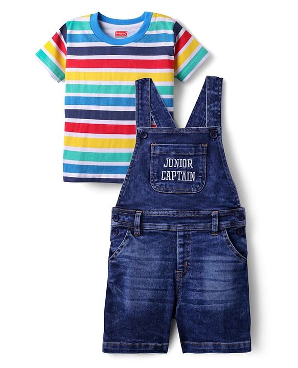 Babyhug Single Jersey Denim Dungaree & Half Sleeves Striped T-Shirt with Text Embroidery - Navy Blue