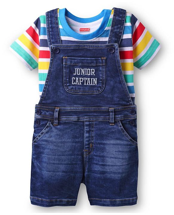 Babyhug Single Jersey Denim Dungaree & Half Sleeves Striped T-Shirt with Text Embroidery - Navy Blue