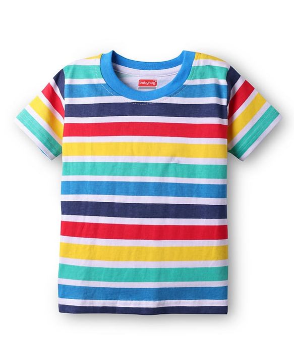 Babyhug Single Jersey Denim Dungaree & Half Sleeves Striped T-Shirt with Text Embroidery - Navy Blue