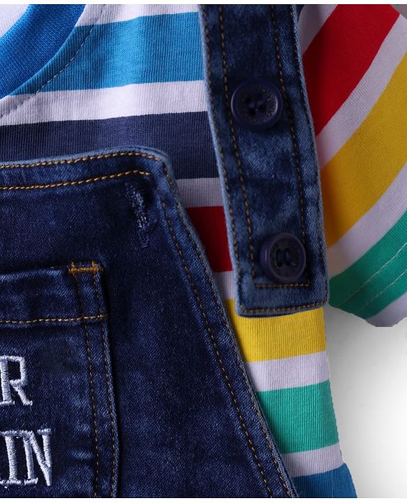 Babyhug Single Jersey Denim Dungaree & Half Sleeves Striped T-Shirt with Text Embroidery - Navy Blue