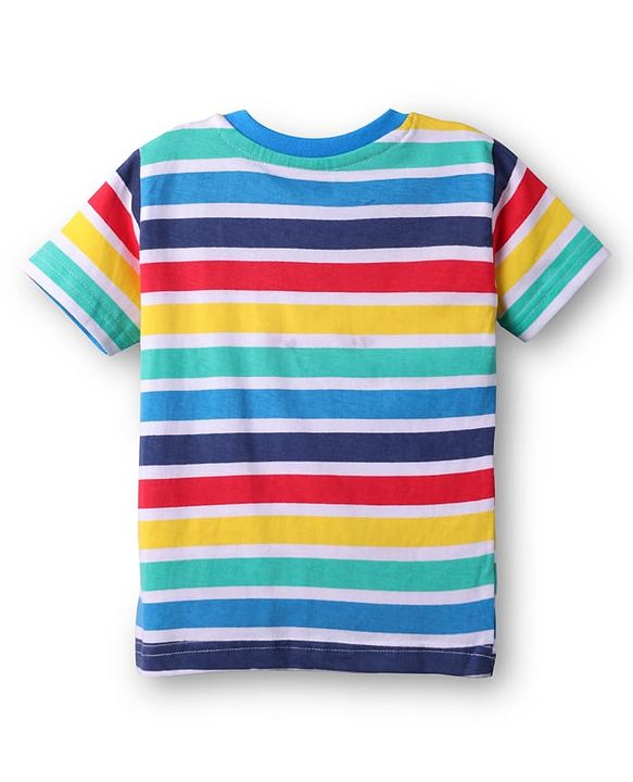 Babyhug Single Jersey Denim Dungaree & Half Sleeves Striped T-Shirt with Text Embroidery - Navy Blue