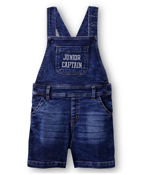 Babyhug Single Jersey Denim Dungaree & Half Sleeves Striped T-Shirt with Text Embroidery - Navy Blue