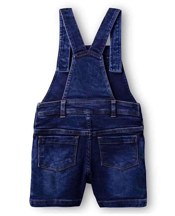Babyhug Single Jersey Denim Dungaree & Half Sleeves Striped T-Shirt with Text Embroidery - Navy Blue