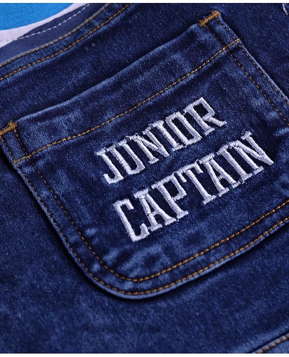 Babyhug Single Jersey Denim Dungaree & Half Sleeves Striped T-Shirt with Text Embroidery - Navy Blue