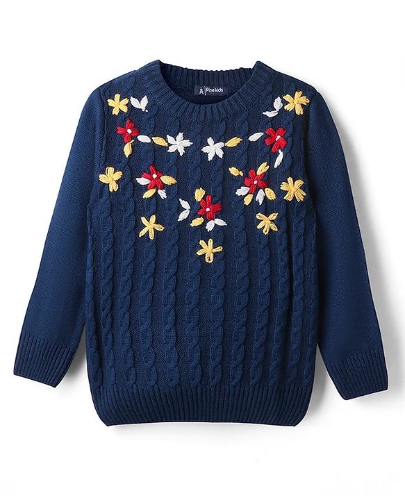 Pine Kids Knit Full Sleeves Pullover Sweater With Floral & Cable Knit Design - Navy Blue