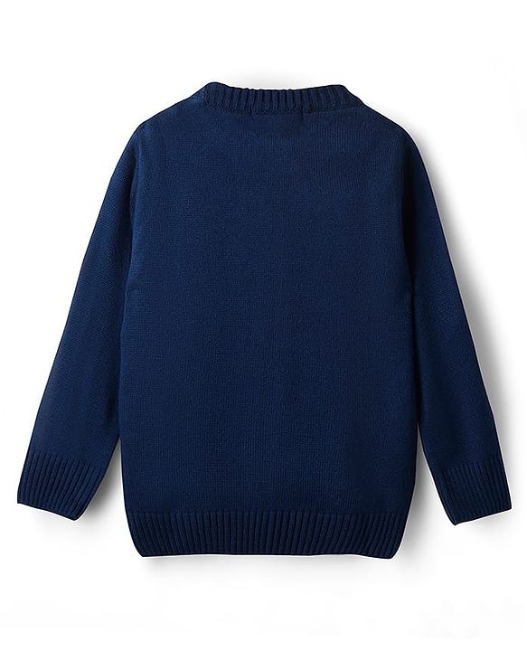 Pine Kids Knit Full Sleeves Pullover Sweater With Floral & Cable Knit Design - Navy Blue