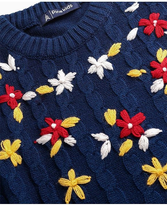 Pine Kids Knit Full Sleeves Pullover Sweater With Floral & Cable Knit Design - Navy Blue