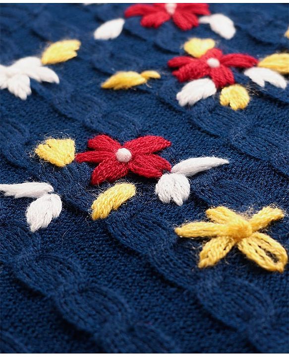 Pine Kids Knit Full Sleeves Pullover Sweater With Floral & Cable Knit Design - Navy Blue