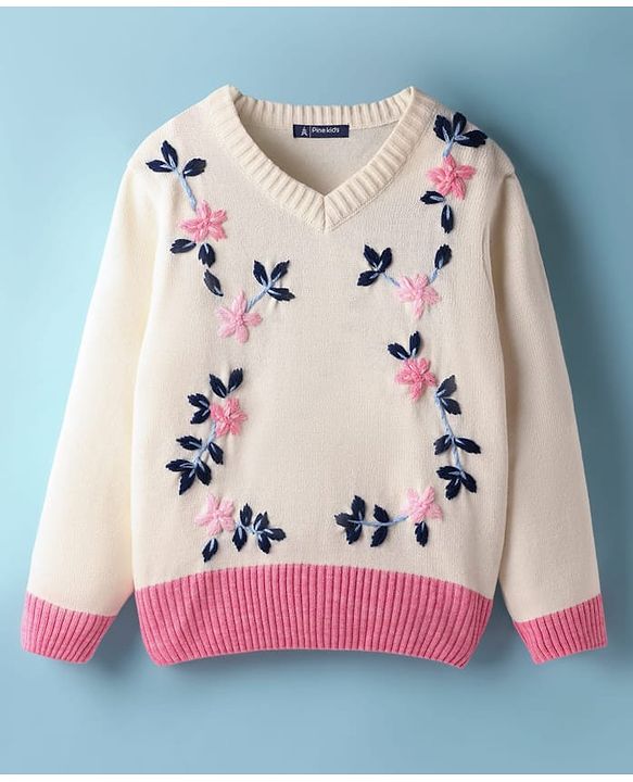 Pine Kids Knit Full Sleeves Floral Embroidered Pullover Sweater - Off White & Pink