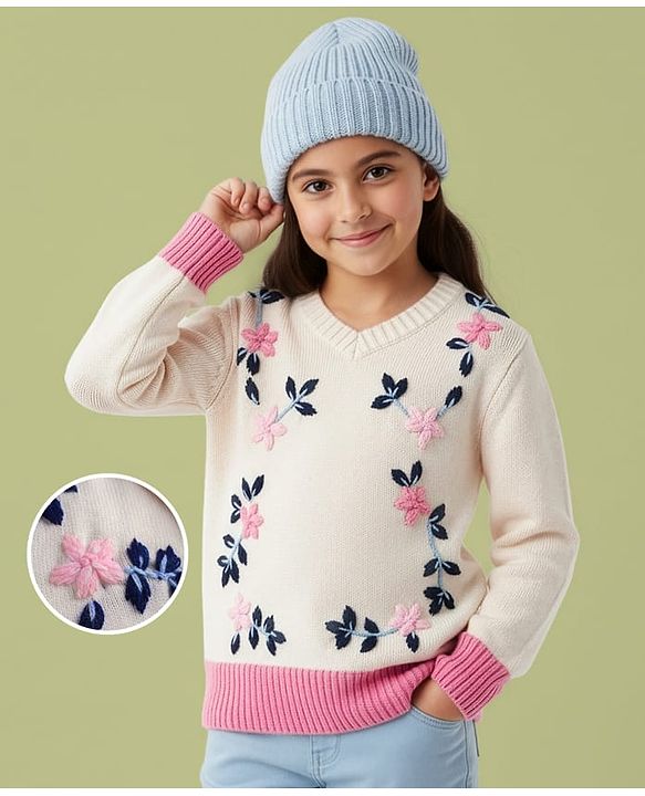 Pine Kids Knit Full Sleeves Floral Embroidered Pullover Sweater - Off White & Pink