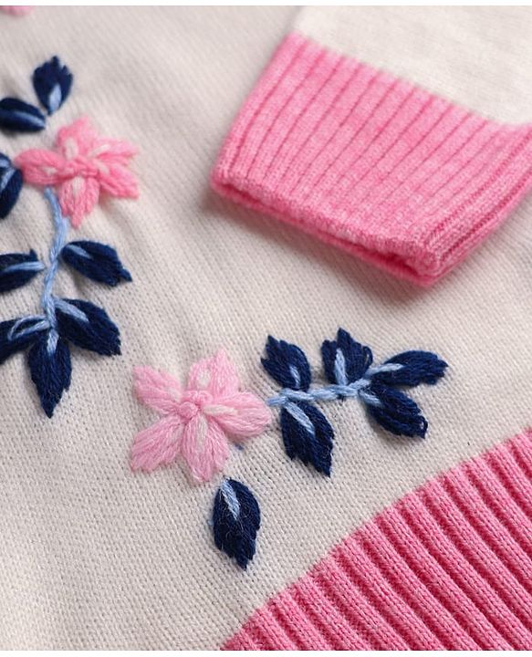 Pine Kids Knit Full Sleeves Floral Embroidered Pullover Sweater - Off White & Pink
