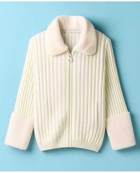 Pine Kids Knit Full Sleeves Solid Front Open Sweater - Offwhite